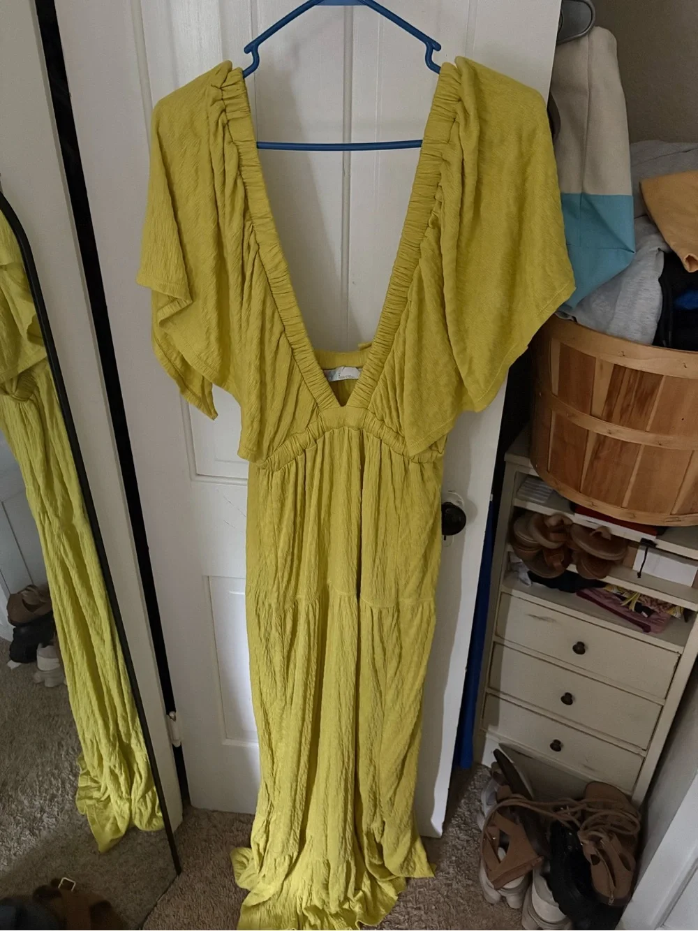 Free People Chartreuse V-Neck Flutter Sleeve Maxi Dress